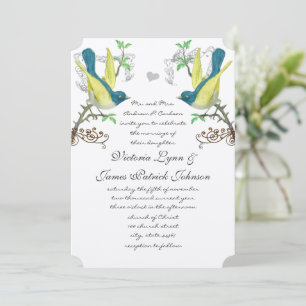 Invitación Bodas Bohemias Vintage de pájaros amarillos y turq