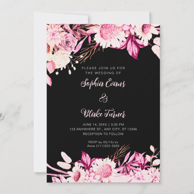 Invitación Bodas Boho de Flores Rosadas y Blancas Negras (Anverso)