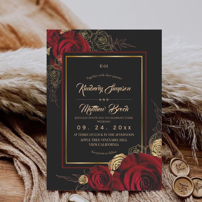 Invitación Bodas Boho de Rosas Negras Burgundy Reales (Subido por el creador)