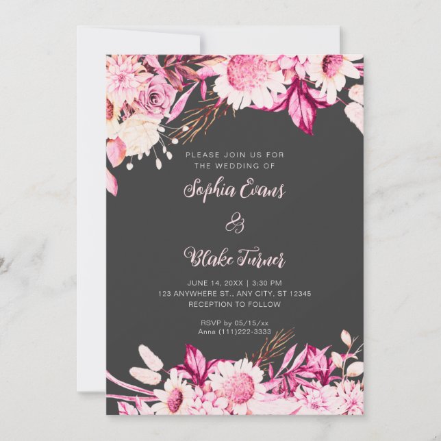 Invitación Bodas Boho Grises con Flores Rosadas y Blancas (Anverso)