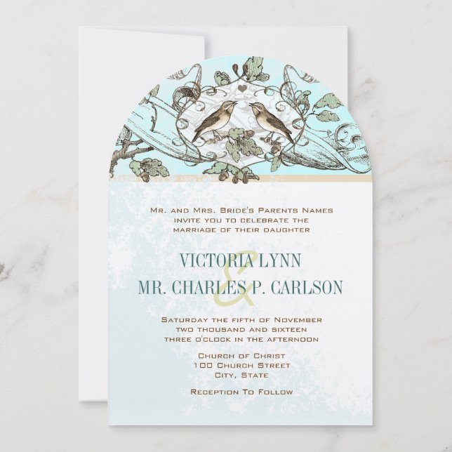 Invitación Bodas Bosque Árbol Roble Aves Neo Mint (Reverso)