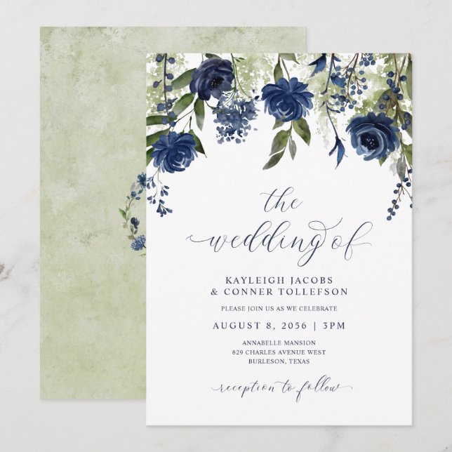 Invitación Bodas Botánicas de Flores Silvestres Azules Marino (Anverso / Reverso)