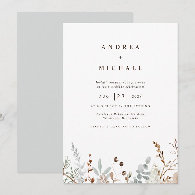Invitación Bodas Botánicas de Flores Silvestres de Campo en I (Anverso / Reverso)