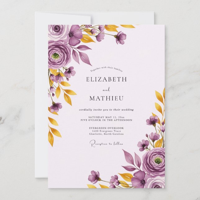 Invitación Bodas Botánicas Pintorescas de Oro Púrpura (Anverso)