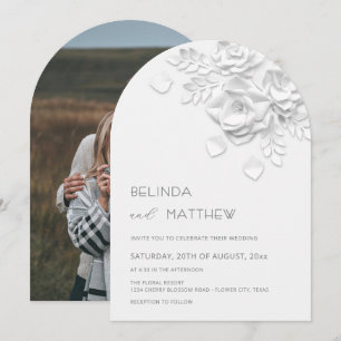 Invitación Bodas Casuales Foto Rosas Relieve Falso Blanco