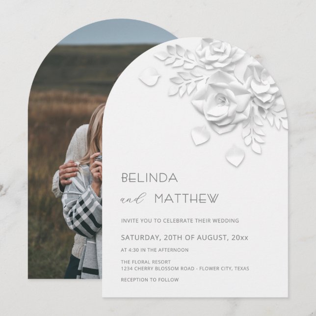 Invitación Bodas Casuales Foto Rosas Relieve Falso Blanco (Anverso / Reverso)