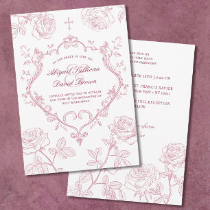 Invitación Bodas Católicas Rosas Borgoña Cresta