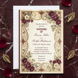 Invitación Bodas Clásicas de Rosas Borgoña Doradas Art Nouvea