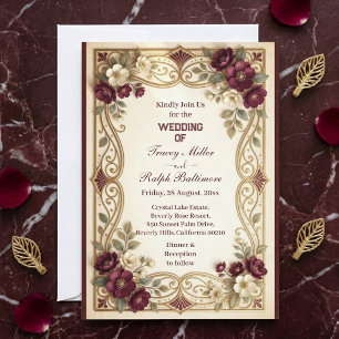 Invitación Bodas Clásicas de Rosas Borgoña Doradas Art Nouvea