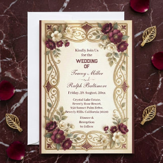 Invitación Bodas Clásicas de Rosas Borgoña Doradas Art Nouvea