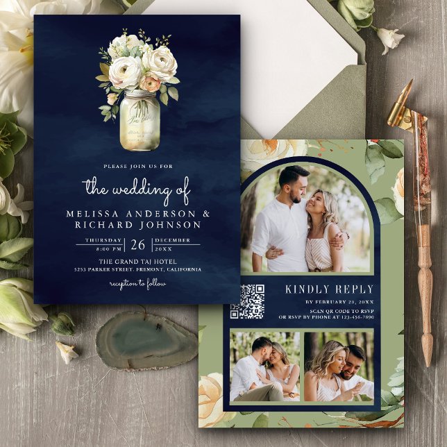 Invitación Bodas Código QR en Tarro de Mason Rosas Blancas Az (Subido por el creador)