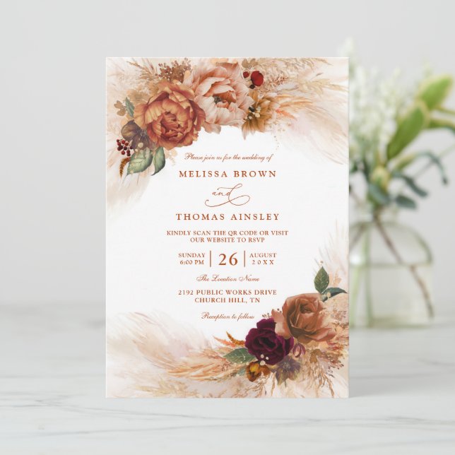Invitación Bodas Código QR Flores Terracota Oxidado Quemado (Anverso de pie)