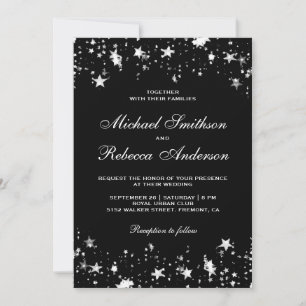 Invitación Bodas Código QR Negro Confeti Estrellas de Plata