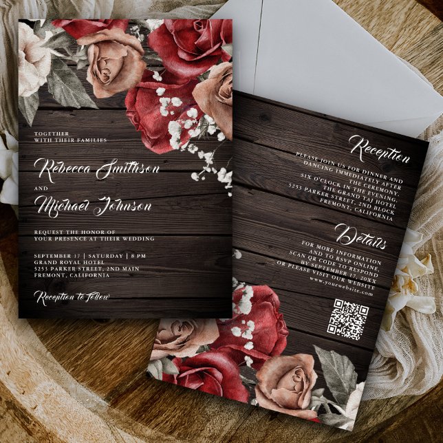 Invitación Bodas Código QR Rosas Borgoña Madera Rústica (Subido por el creador)