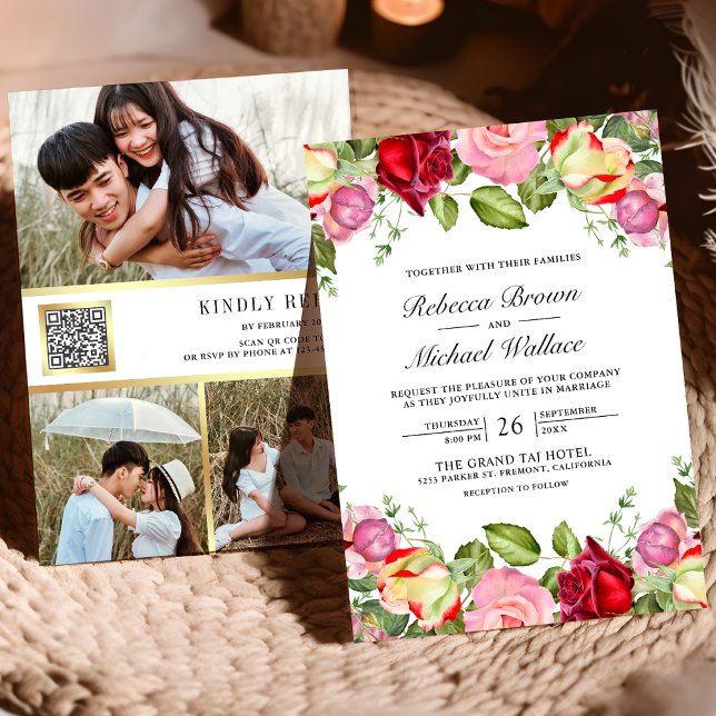 Invitación Bodas con Código QR de Rosas Rosadas y Rojas Román (Subido por el creador)