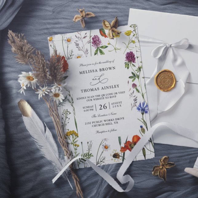 Invitación Bodas con código QR elegante moderno y flores silv (Subido por el creador)
