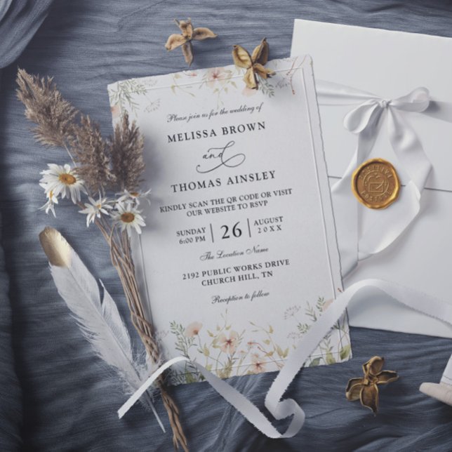 Invitación Bodas con código QR elegante moderno y flores silv (Subido por el creador)
