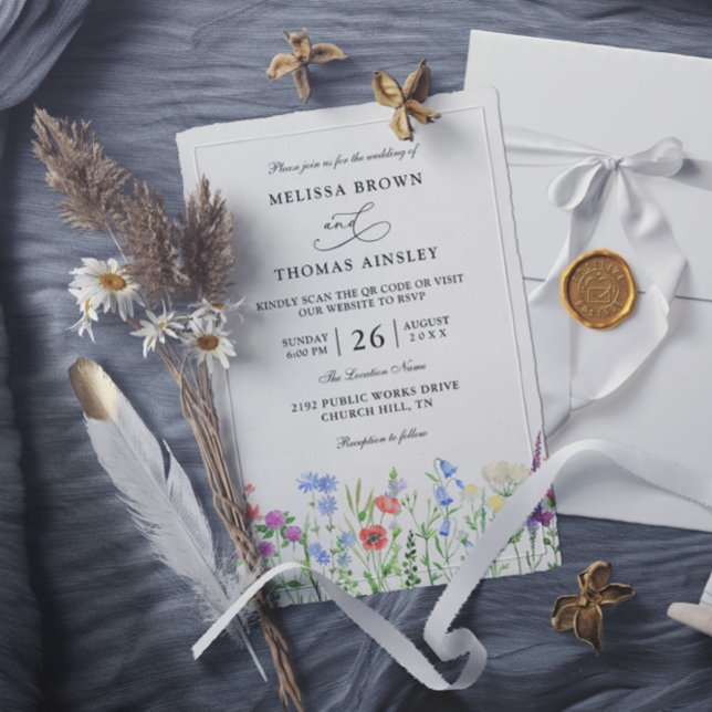 Invitación Bodas con código QR elegante moderno y flores silv (Subido por el creador)