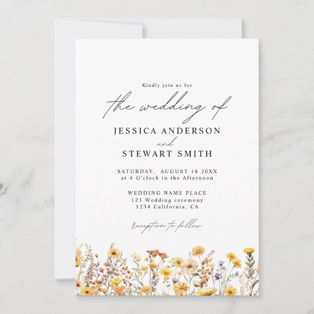 Invitación Bodas con Elegantes Flores Silvestres Amarillas Co (Anverso)