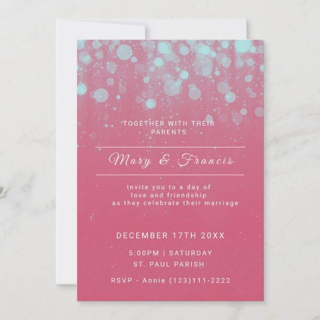 Invitación Bodas con luces rosadas y azules y brillo (Anverso)