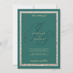 Invitación Bodas con monograma de iniciales en oro, plata y j