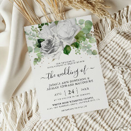 Invitación Bodas con rosas blancas elegantes y follaje de euc