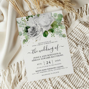 Invitación Bodas con rosas blancas elegantes y follaje de euc