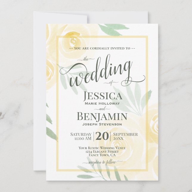 Invitación Bodas con rosas boho amarillas o doradas en letra  (Anverso)