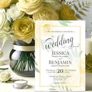 Invitación Bodas con rosas boho amarillas o doradas en letra 