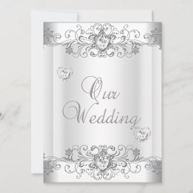 Invitación Bodas Corazones de Diamantes Blancos de Plata (Anverso)