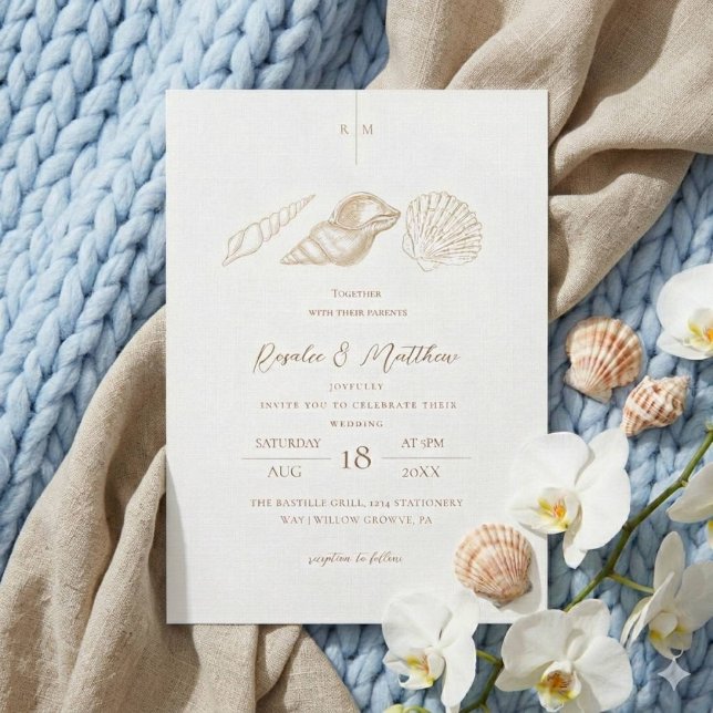 Invitación Bodas Costeras Blancas y Conchas de Oro (Subido por el creador)