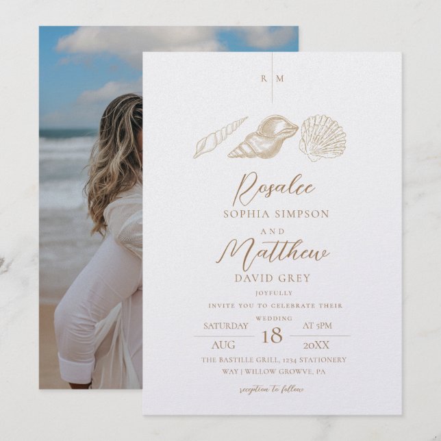 Invitación Bodas Costeras Elegantes Conchas Blancas y Doradas (Anverso / Reverso)