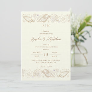 Invitación Bodas Costeras Sofisticadas con Conchas de Oro y M