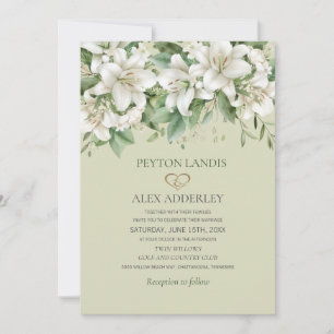 Invitación Bodas de Acuarela Blanca Lirios Verdor Dorado