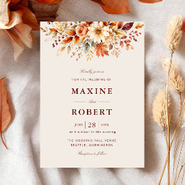 Invitación Bodas de Acuarela Botánica de Otoño con Hojas Caíd