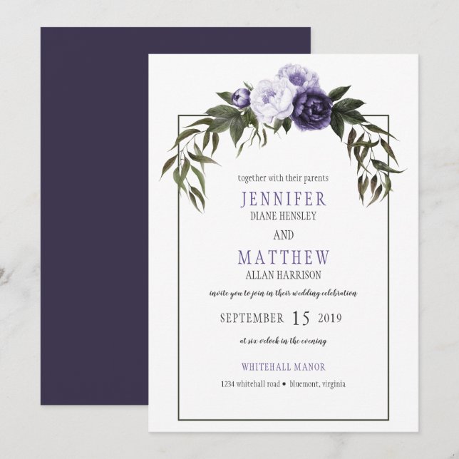 Invitación Bodas de acuarela de violeta morada oscura (Anverso / Reverso)