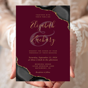 Invitación Bodas de Agata de Esquina de Oro Negro Burdeos
