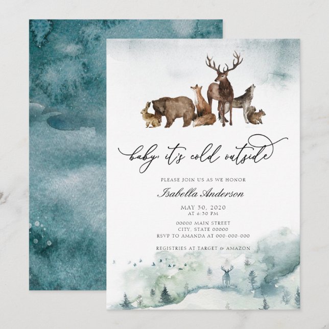 Invitación Bodas de animales de Woodland Frío de Invierno fue (Anverso / Reverso)
