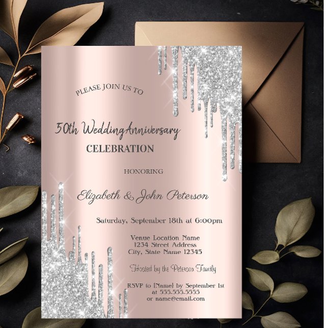 Invitación Bodas de aniversario de rosa plata con destellos (Subido por el creador)