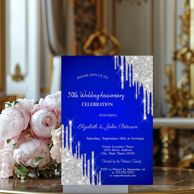 Invitación Bodas de aniversario Glitter Drips Azul Real (Subido por el creador)