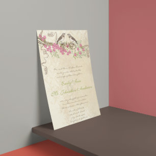 Invitación Bodas de Aves Vintage con flores de cerezo rosa