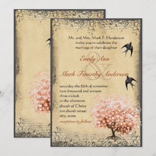 Invitación Bodas de Aves Vintage de Árbol de Coral Ligero del