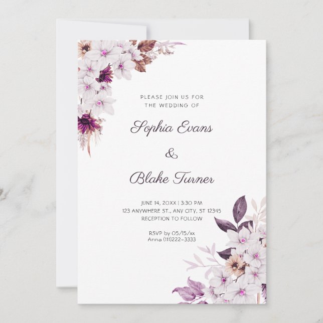 Invitación Bodas de Blanco Rústico y Flores Rosadas Boho Blan (Anverso)