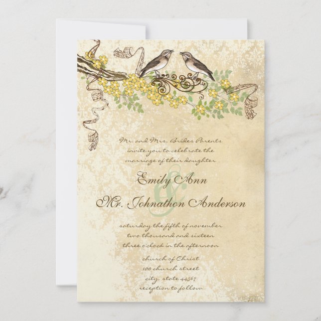 Invitación Bodas de Butter Yellow Blooming Vintage Lovebird (Anverso)