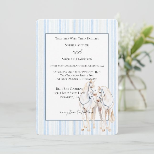 Invitación Bodas de Caballos Blancos Azules Bebé Rayas (Anverso de pie)