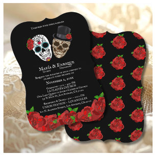 Invitación Bodas de Calaveras de Azúcar con Rosas Rojas Vinta