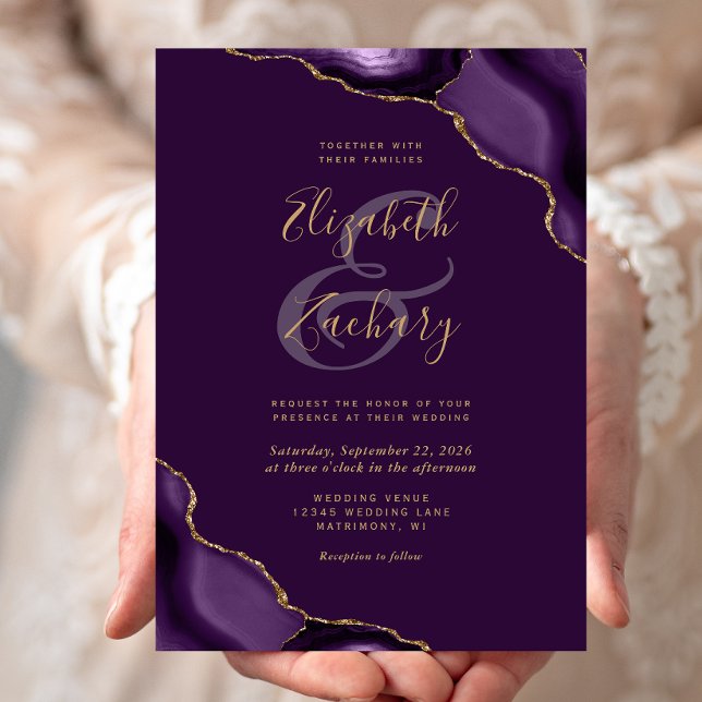 Invitación Bodas de ciruela con esquinas de ágata dorada púrp (Subido por el creador)