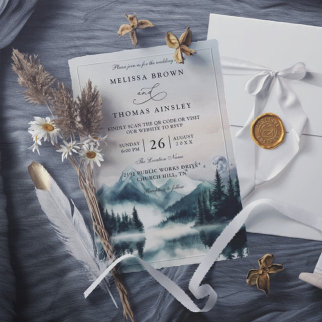 Invitación Bodas de código QR de montañas de acuarela tempera (Subido por el creador)