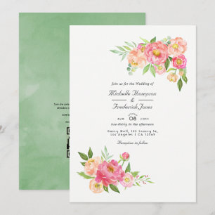 Invitación Bodas de código QR de peonías con acuarela de prim