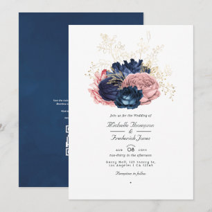 Invitación Bodas de Código QR de Rosas Vintage Azul Marino y